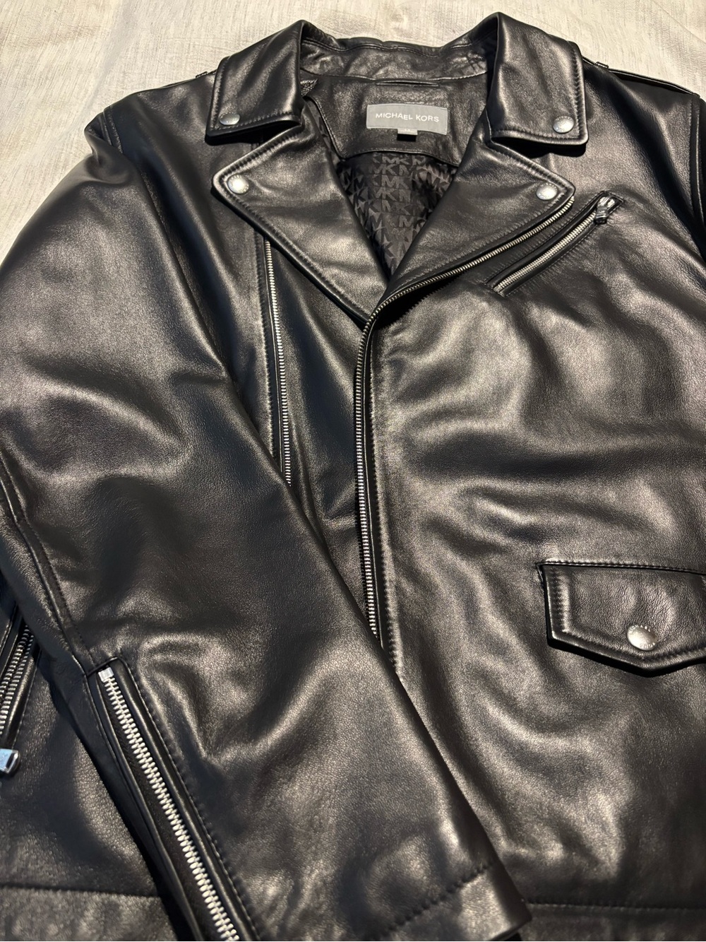 Michael Kors Black Leather Moto Bomber Jacket